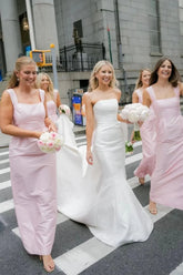 Long Pink Straps Bridesmaid Dress Mermaid Square Neck Satin Sleeveless